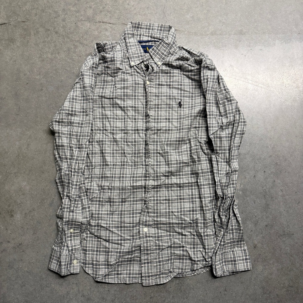 Ralph Lauren Slim Fit Plaid Button Down Shirt Mens Medium Grey White Long Sleeve